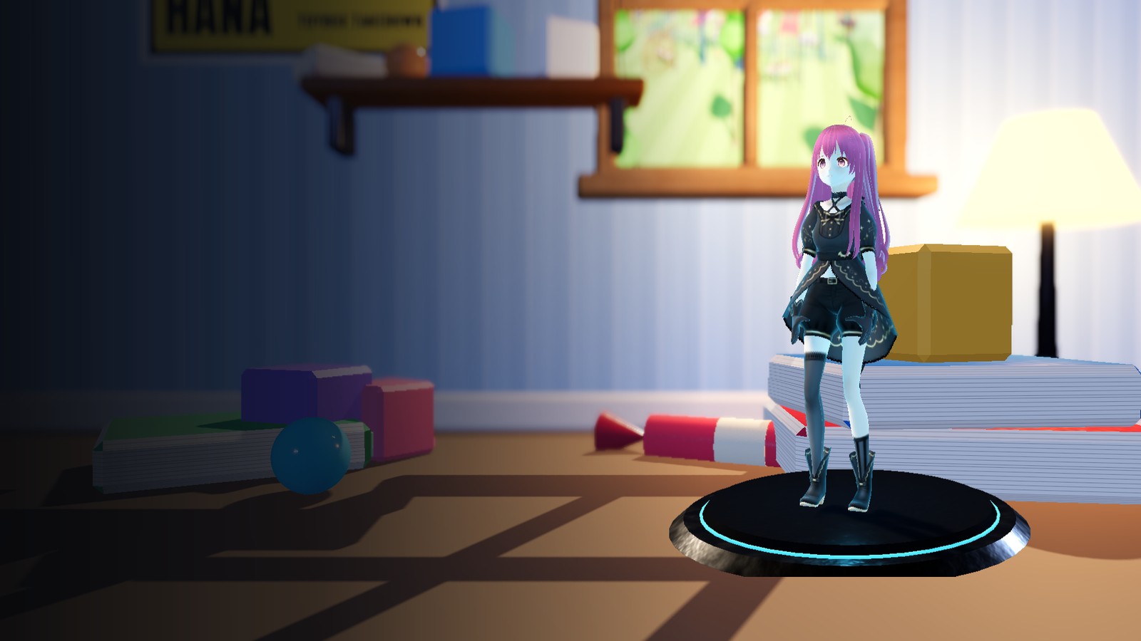 Aoi standing on a display stand on a sunlit bedroom floor, toy blocks and books around her