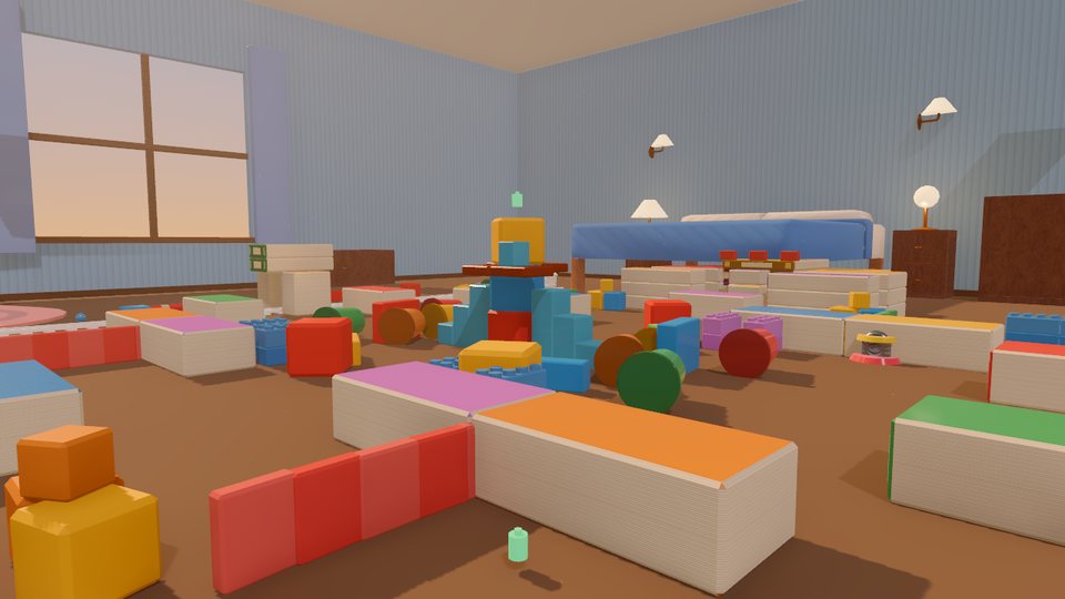 Bedroom Blitz: a toy train, a block castle and book forts on a bedroom floor
