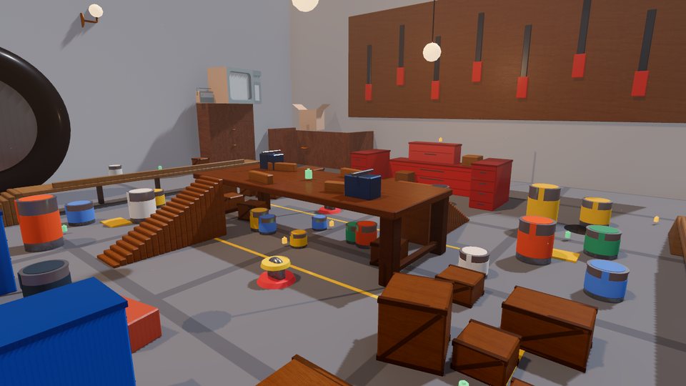 Garage Gauntlet: paint cans, crates and a workbench in a garage