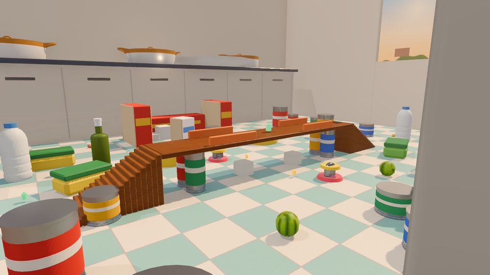 Kitchen Clash: cereal-box forts on a tiled kitchen floor