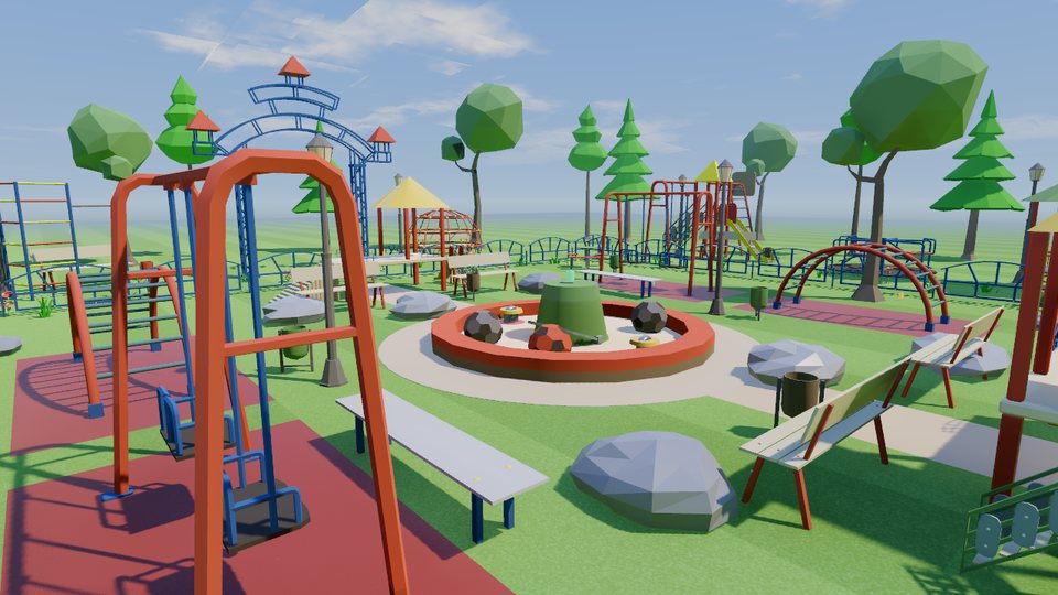 Playground Panic: a sandbox with an upturned bucket, swings and a climbing arch in a sunny park